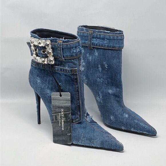 DOLCE & GABBANA Patchwork denim ankle boots with rhinestone buckle - Picture 4 of 16